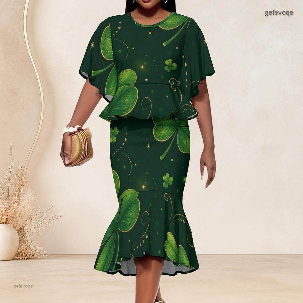 Women Plus Size Round Neck Batwing Sleeve Printed Navy Blue Ruffle Top Fishtail Skirt Two Piece Set
