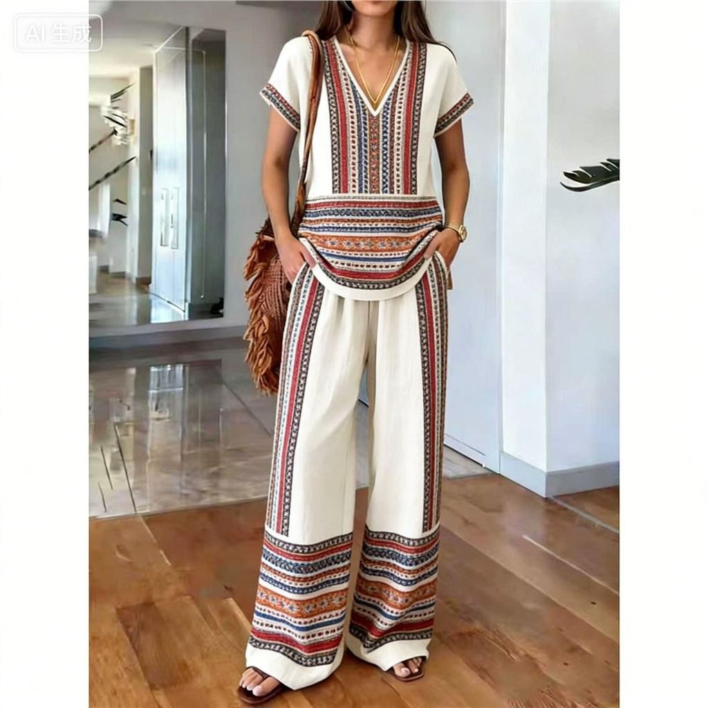 1116 new European and American casual style printing set full of pattern design high waist and wide leg pants two-piece set for women