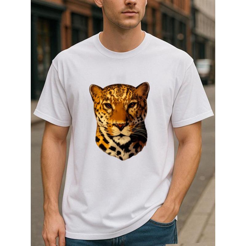 

European sizes Trendy Casual Top with a Leopard Head Pattern, Versatile Everyday Wear, Graphic Print Round-Neck T-Shirt 4XL білий