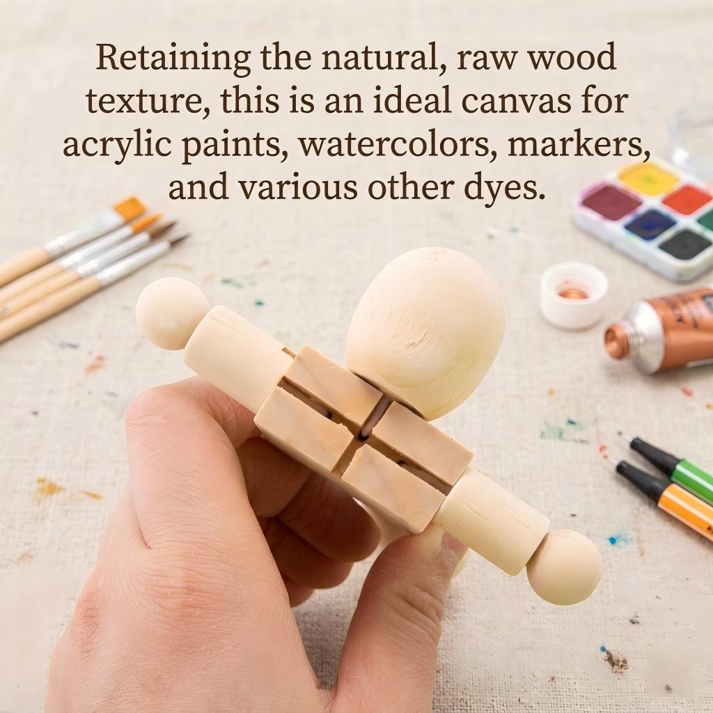 6-Piece Set of Natural Wooden Articulated Figures Unfinished – DIY Wooden Puppet Kit for Painting Crafts and Home Decor Includes 12 Paints  2