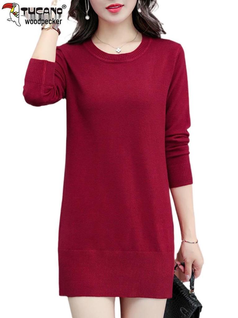 Suéter de Tricô de Comprimento Médio Feminino Woodpecker - Blusa Solta Plus Size com Gola Redonda, Coleção Outono/Inverno 2025.