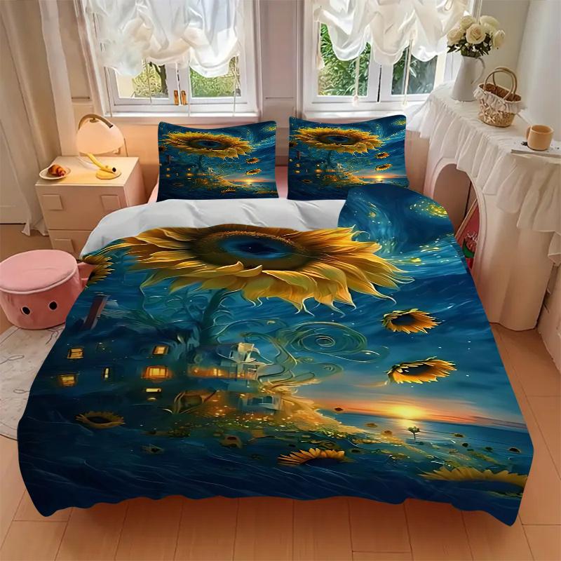 3pcs Sunflower Fantasy Bedding Set, Includes One Quilt Cover and Two Pillowcases (No Core), Festival Gift, Polyester Fabric, Anime Cartoon