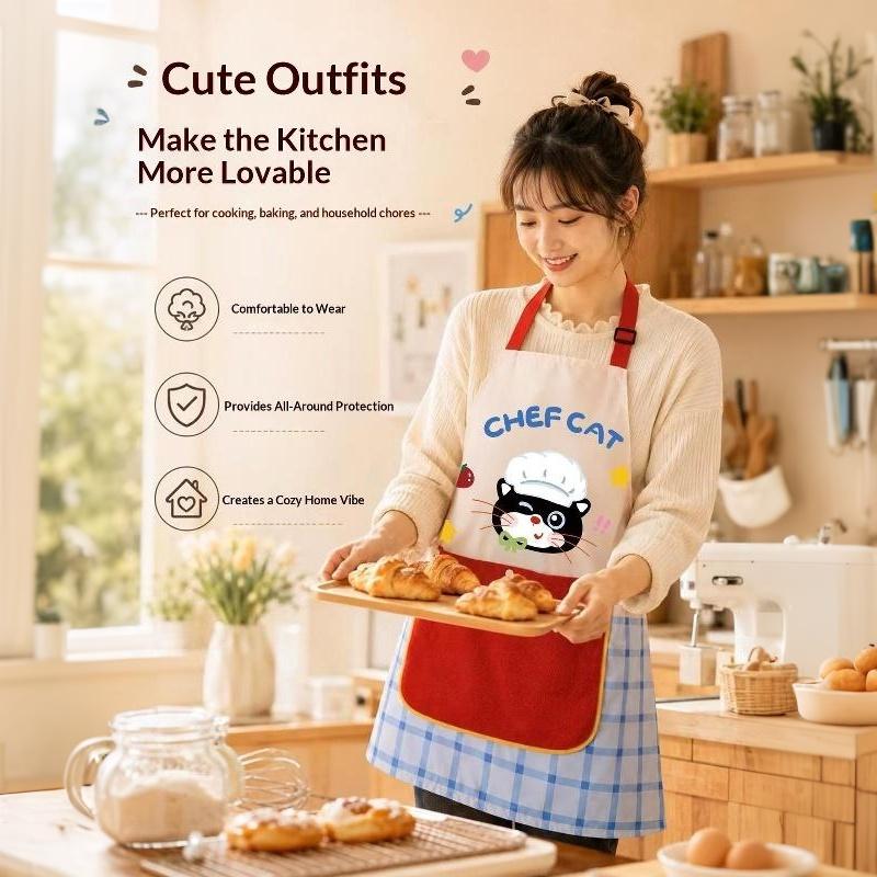 Cute Chef Cat Kitchen Apron Non-Toxic Fabric Adjustable Strap Big Pocket for Parent-Child Cooking Baking