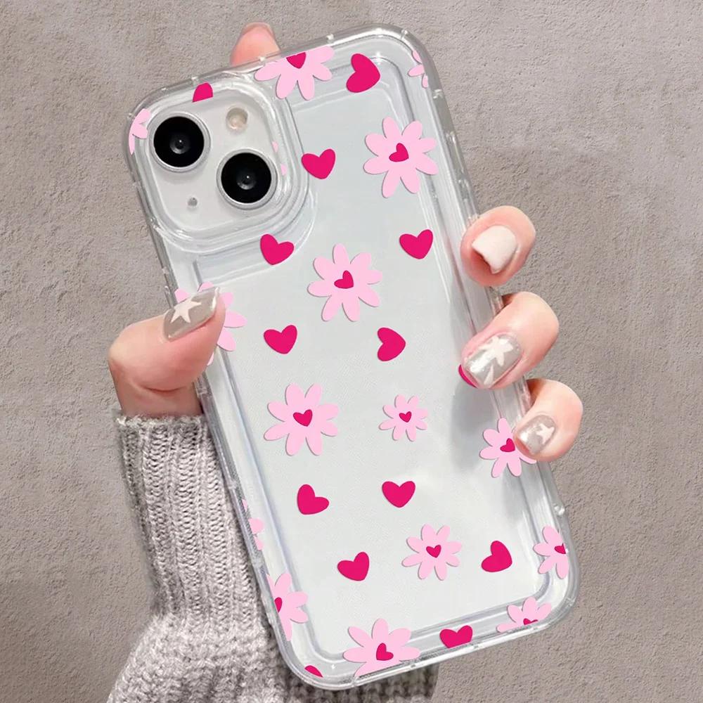 Rosa Blumen Herz Muster Durchsichtige Handyhülle Für iPhone 16 Hüllen iPhone 15 14 13 12 11 Pro Max 16E XS X XR 7 8 Plus 16 Weiche Hülle