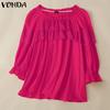 VONDA Damen Sommer Rundhals 3/4-Ärmel Spitze Patchwork Rüschen Lässige Lockere Bluse