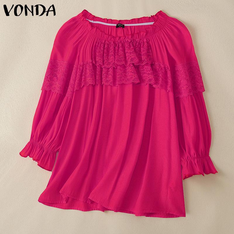 VONDA Damen Sommer Rundhals 3/4-Ärmel Spitze Patchwork Rüschen Lässige Lockere Bluse