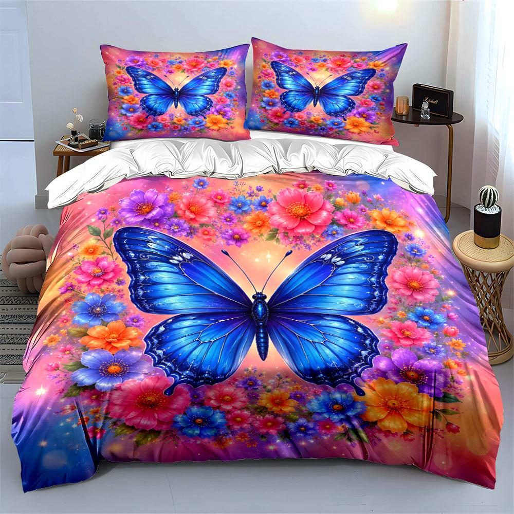 Set Biancheria da Letto con Stampa Farfalla Blu e Ghirlanda Floreale 1 Copripiumino 2 Federe per Adulti e Bambini Regalo di Lusso Misura Matrimoniale