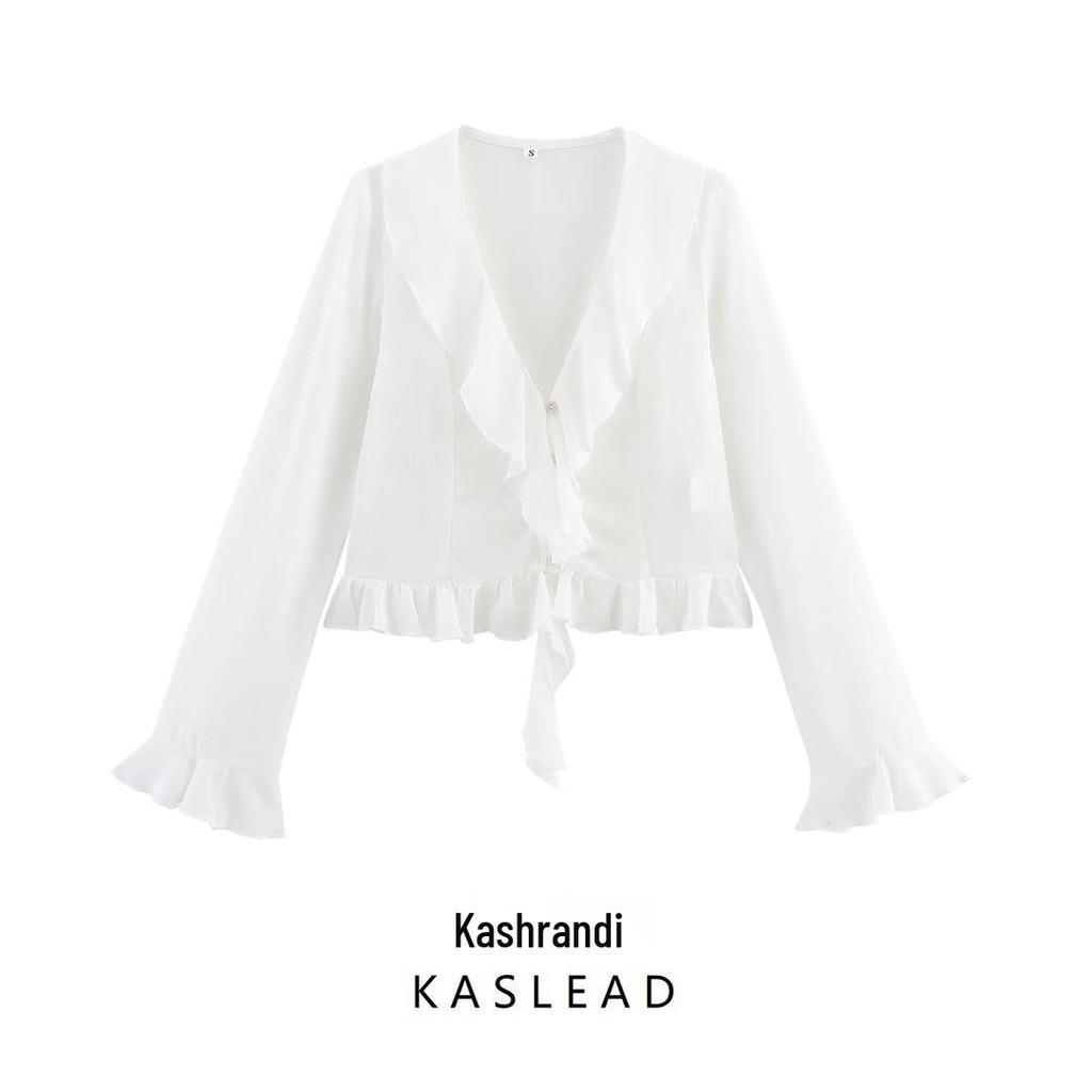 Spring 2025 Women's European & American Style Versatile V-neck Long Sleeve Shirt