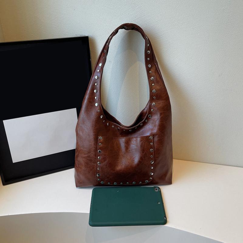 Women's Retro Rivet Solid Color Commuting Travel Shopping Tote Bag Versatile Large Capacity Shoulder Bag CLE