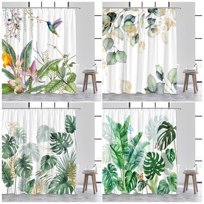 Tropical Plant Leaves Shower Curtain Hummingbird Palm Leaf Monstera Butterfly Watercolour Art Fabric Home Decor Bathroom Curtain