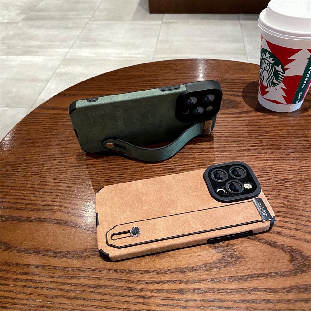 The Suede Leather Wristband Is Suitable for Apple 13promax Phone Case Stand, Iphone14 Full Bag 12 Anti-drop Leather Case