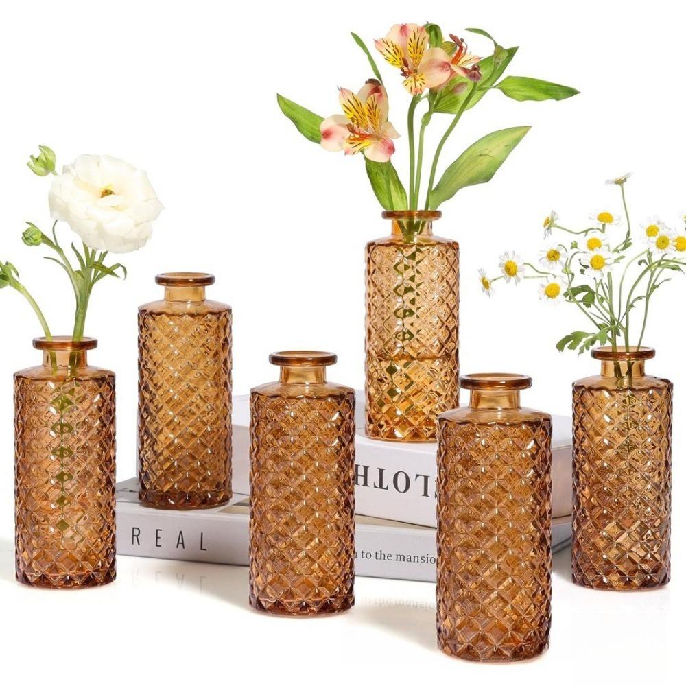 6pcs Coloful Vintage Vase Glass Relief Vase Hydroponic Flower Glass Vase Home Table Flower Decor Wedding Party Decorations