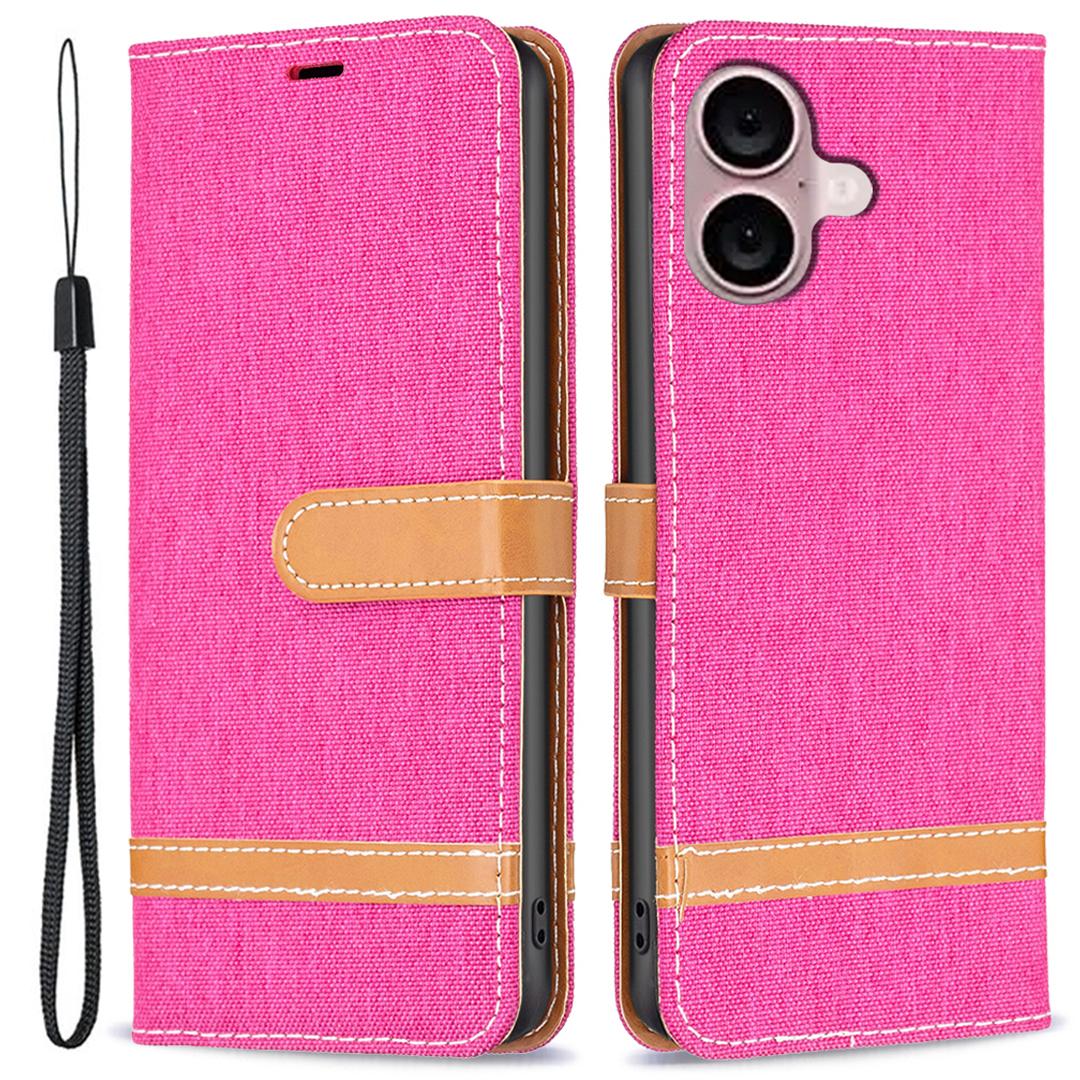 For iPhone 16 Leather Wallet Case Jeans Cloth Texture Protective Cover I