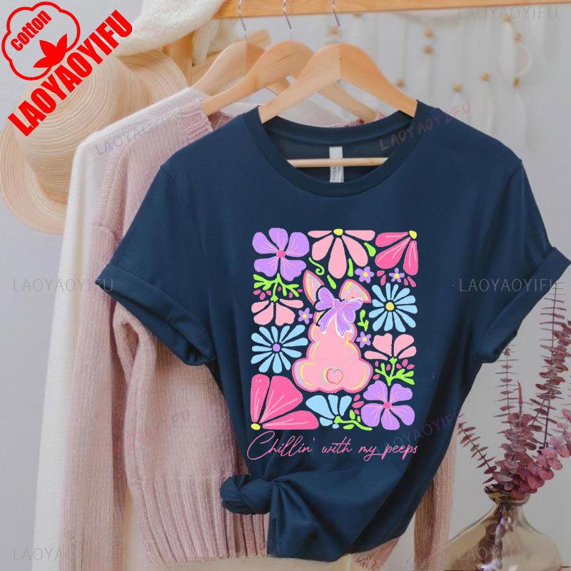 Brushstroke Bunny Easter T Shirt Kawaii Women Short-sleev Tee-shirt Retro Style Streetwear Fashion Casual Cotton Tops Ropa Mujer