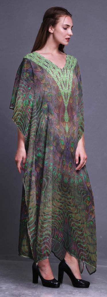 Phagun Peacock Feather Ladies Plus Size Kaftan Summer Wear Beach Coverup Kimono