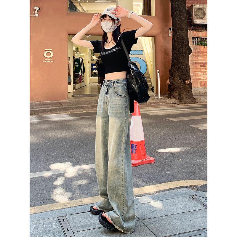 American Washed High Street Loose Pants Women's Small 2025 Summer Frayed Edge Stylish Niche Style Slimming Jeans