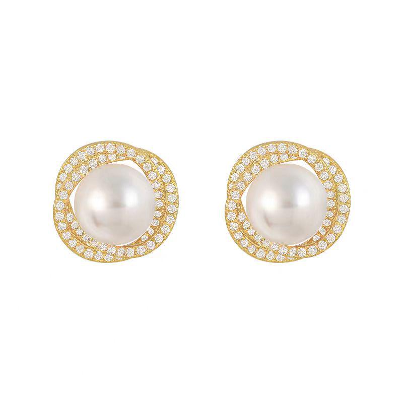 Exquisite 5A Grade Natural Freshwater Pearl Stud Earrings with Intertwined Double Rings and Diamond Setting for Women