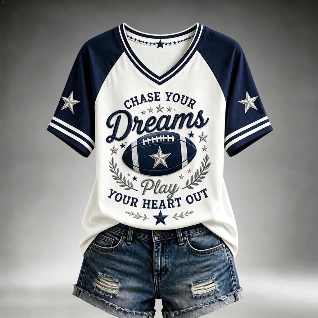 Women's Casual V-Neck Short Sleeve Top Lightweight Breathable Football Team Print Shirt