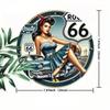 Vintage Route 66 Pin Up Girl Rustic Metal Wall Art Round Iron Sign Home Bar Decor