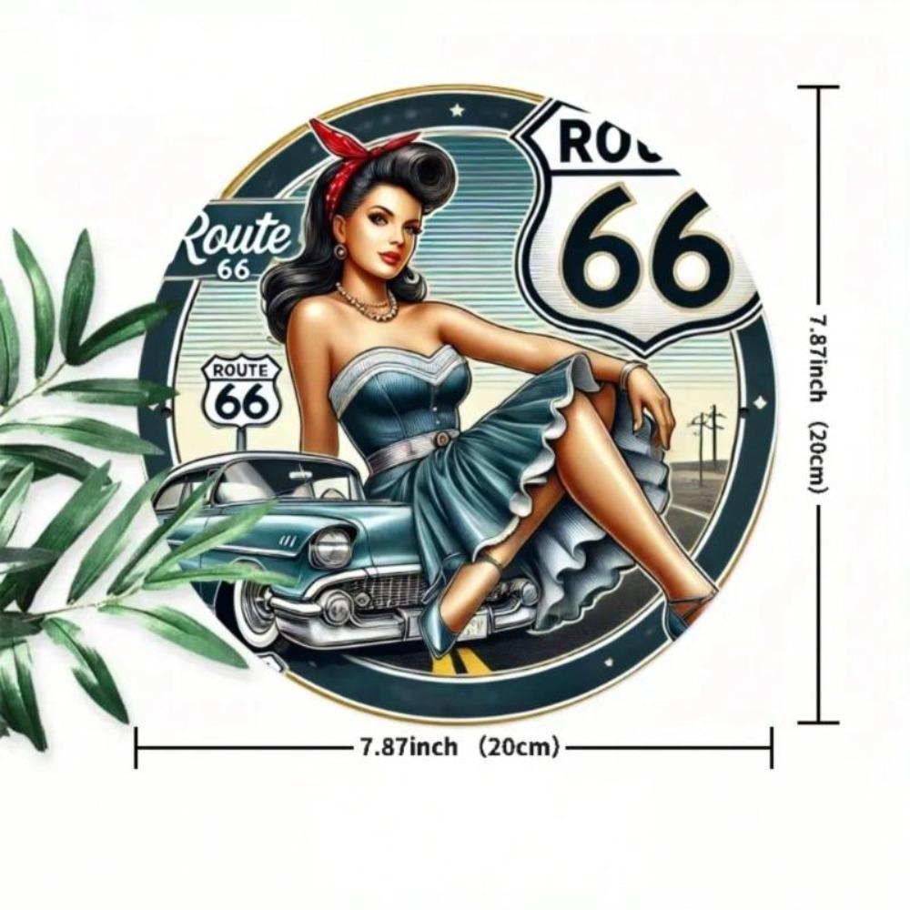 Vintage Route 66 Pin Up Girl Rustic Metal Wall Art Round Iron Sign Home Bar Decor