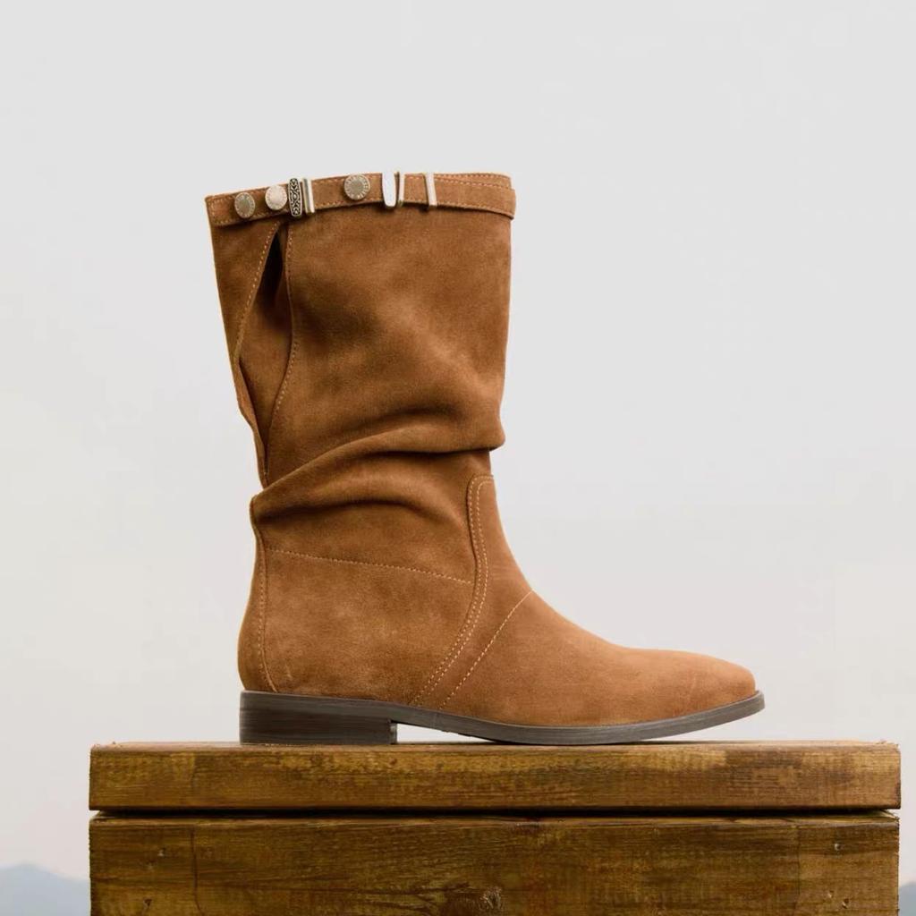 Cowhide Edition Wilderness Pastoral Vintage Western Boots 2025 Autumn and Winter Boots Versatile Flat-bottomed Knight Boots Pleated Pile Boots