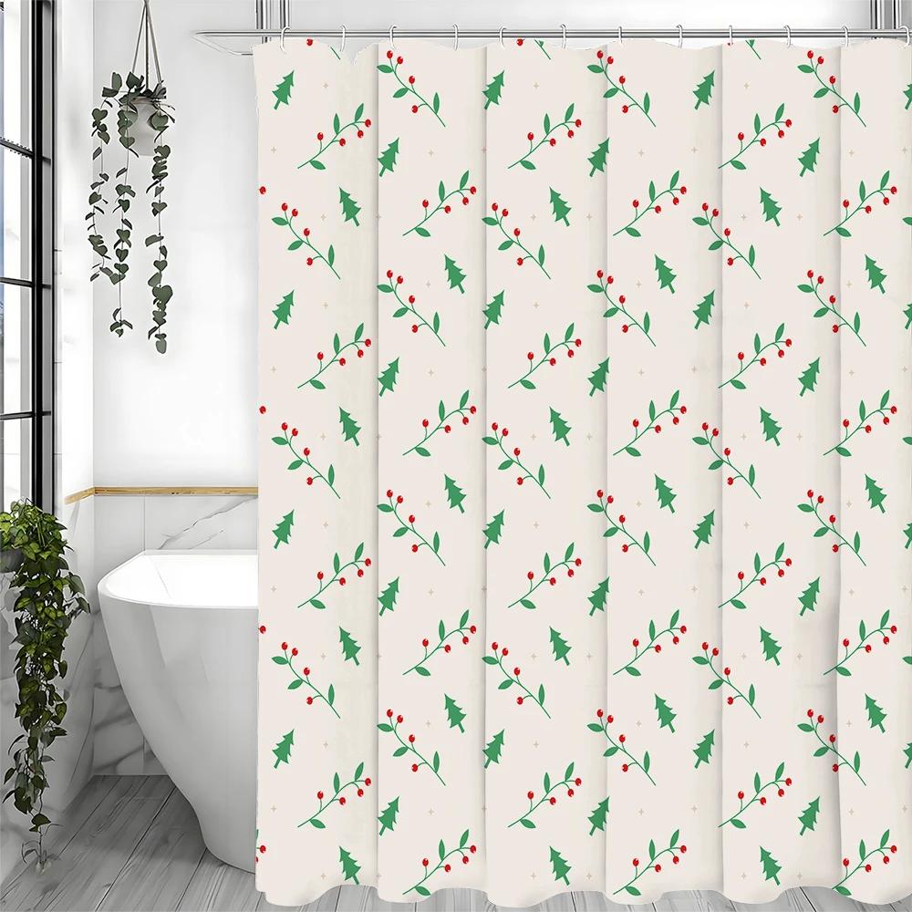 Pine Leaf Red Small Fruit Shower Curtain, Bathroom Decorative Shower Curtain, Waterproof Shower Curtain with Hooks