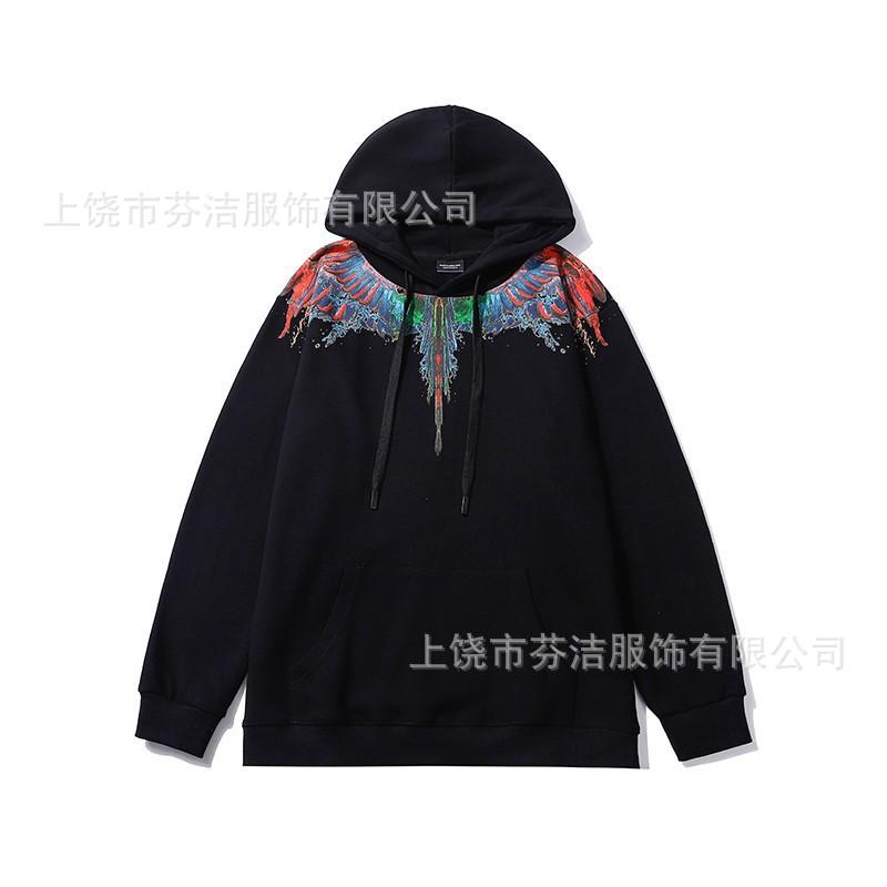 American street lightning wing print jacket men's and women's autumn and winter black loose shoulder heavy trendy hooded top