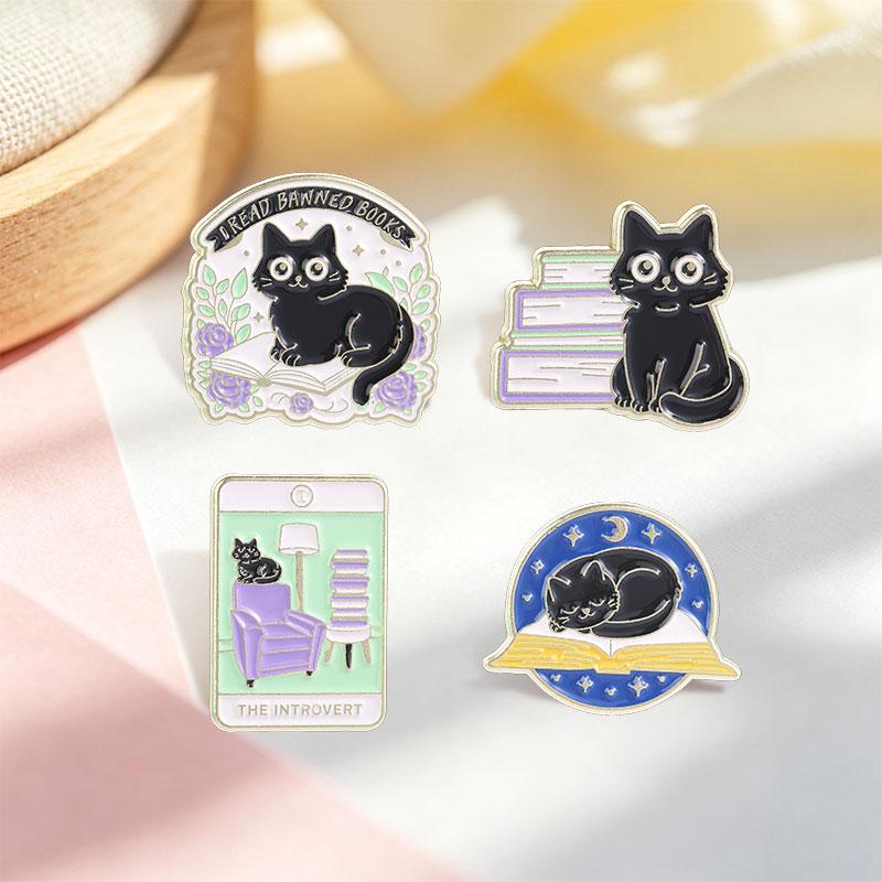 I Read Banned Books Enamel Pins The Introvert Tarot Cards Floral Books Black Cat Book Lover Brooches Lapel Badge Jewelry Gifts