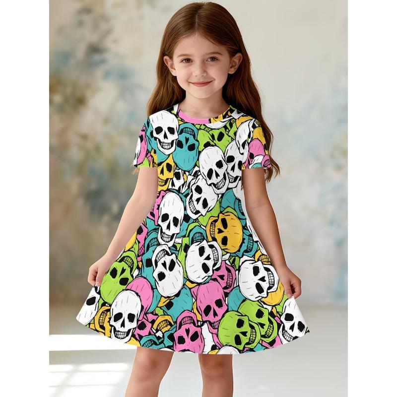 Gothic Cartoon Skull 3D Printed Girl Clothes Summer Princess Elegant Dresses Comfortable Short Sleeve Dress Fashion Kids Clothes