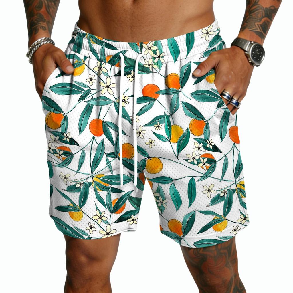 Men’s Casual Drawstring Shorts Lightweight Quick Dry Five Inch Inseam Shorts with Hawaiian Floral Print for Everyday Wear