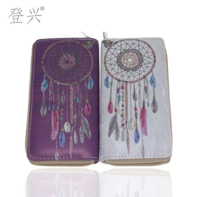 New ethnic style feather long PU zipper wallet, dream catcher clutch wallet wallet