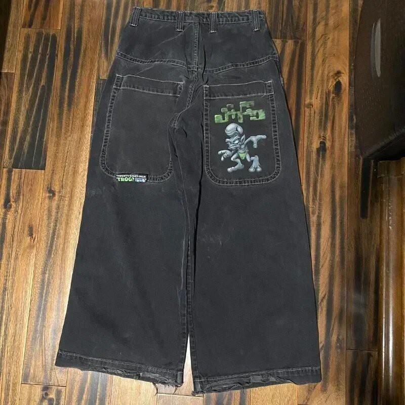 Jeans da uomo Y2K Hip Hop Vestibilità Larga Gamba Dritta Denim Con Stampa Ricamata - Cotone Lavato Blu Nero
