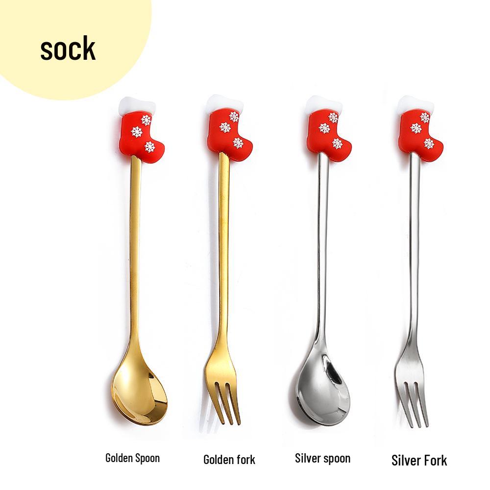 Cartoon Rabbit Christmas Dessert Spoon and Fork Set - Cute Party Favor Stirring Spoon