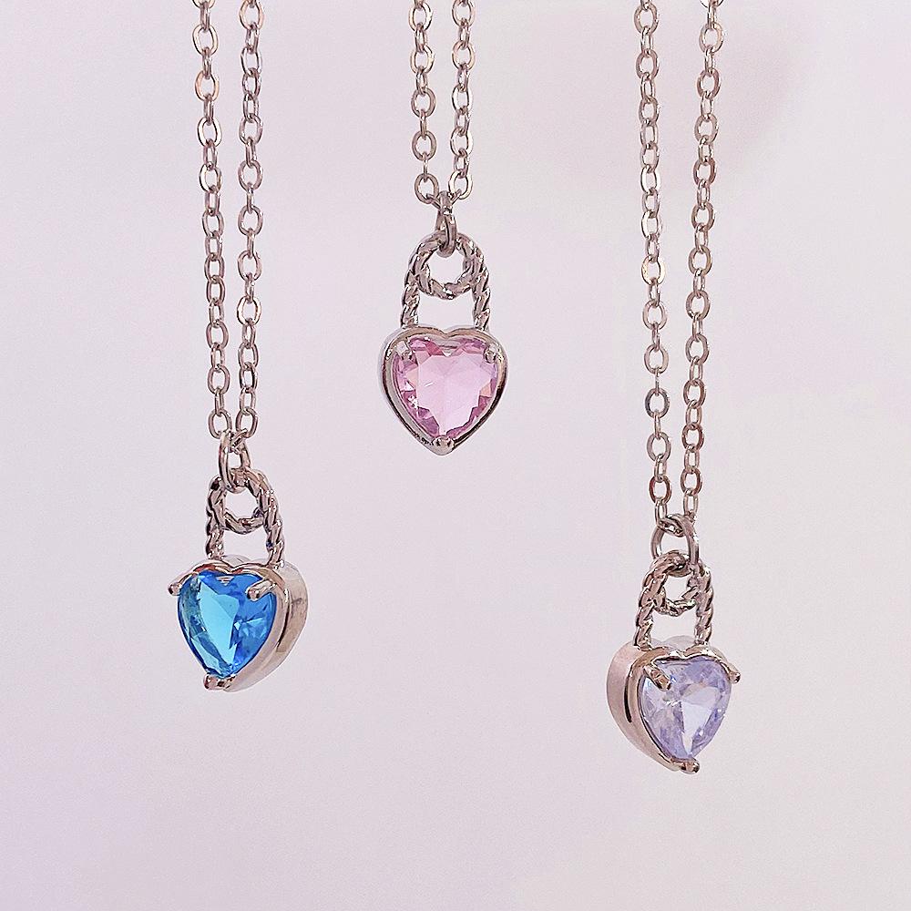 New Colorful Heart Lock Necklace for Women Earrings Creative Design Zircon Heart Pendant Clavicle Chain
