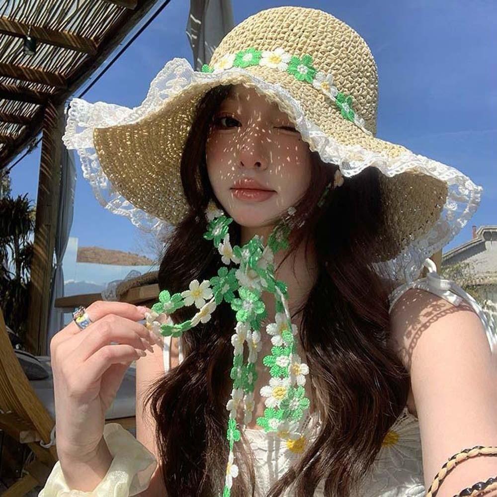 Breathable Big Brimmed Straw Hat with Garland Woven Sun Cap Live Show Vacation Beach Cap  Women