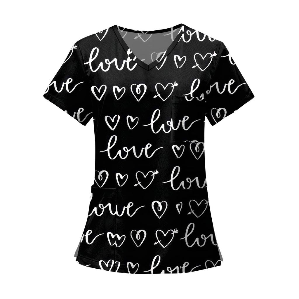 Women's Fashion Printed Short Sleeve V Neck Pattern Tops Pocket Working T-shirts