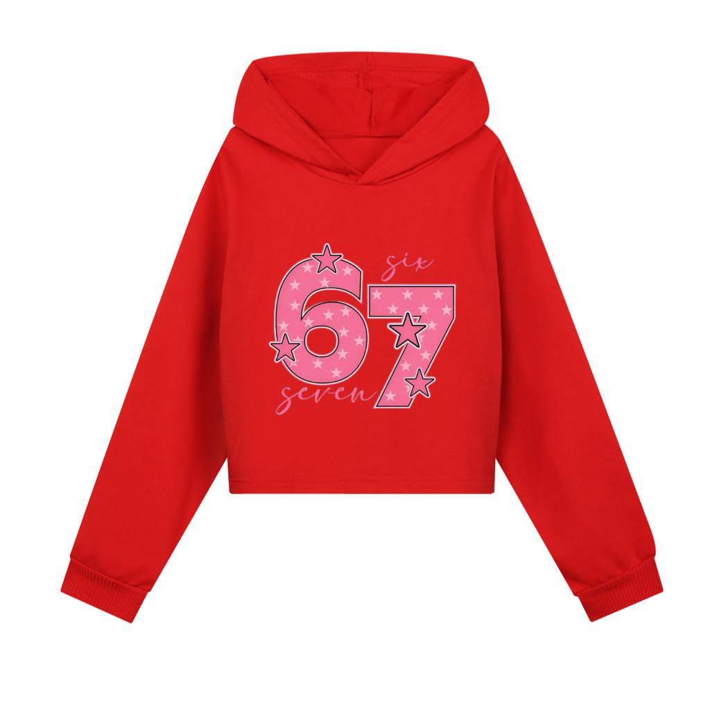 5291 Barnflickor Steal a Brainrot 67 Mönstrade Casual Långärmade Korta Hoodies