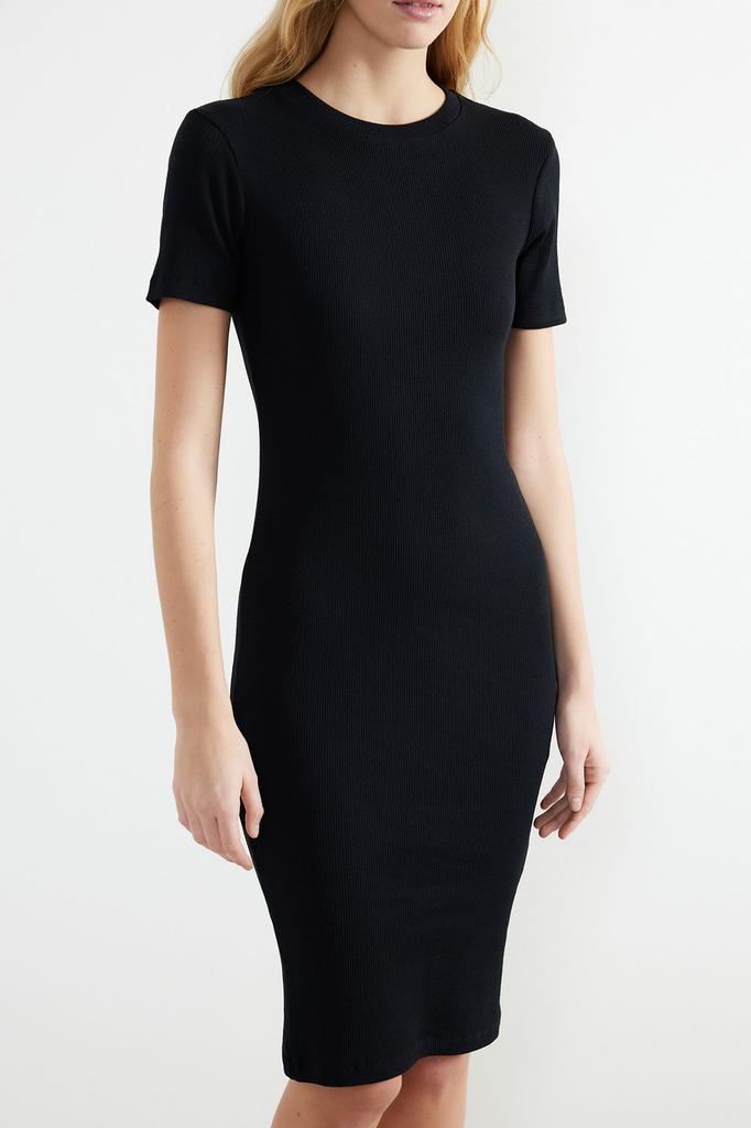 Women's Style Dress Black Crew Neck Ribbed Stretchy Knitted Midi Pencil Dress