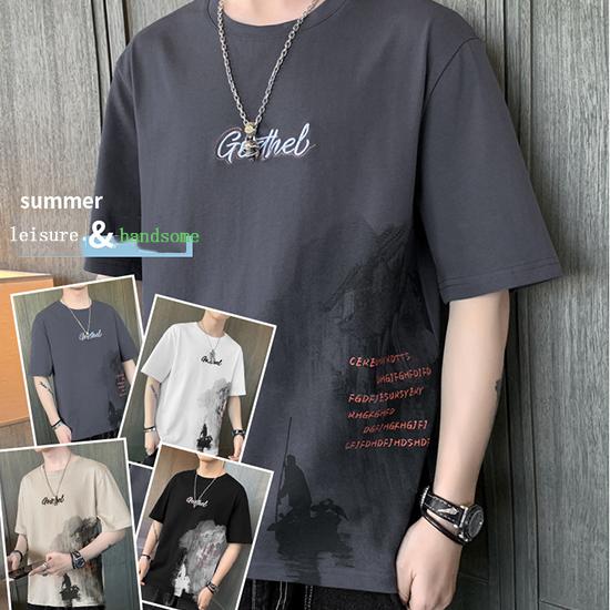 Short Sleeved T-shirt for Men's Thin Summer Trend Ink Style Half Sleeved Casual and Handsome Fashion Top