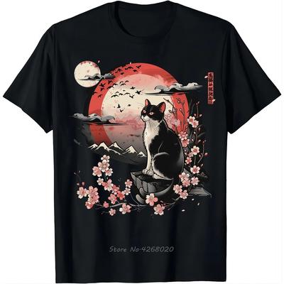 Kawaii Cat Anime Japanese Retro T-shirt  Funny Cat Graphic Men's Clothing Cotton Tshirt Camisetas Casual Fitness T Shirt