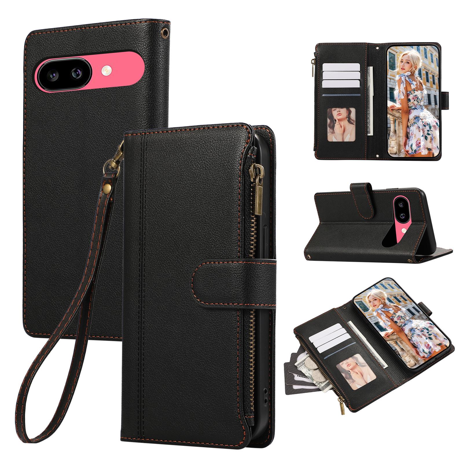 

For Google Pixel 9a Case Multi Card Slots Zipper Leather Phone Cover with Wrist Strap Black