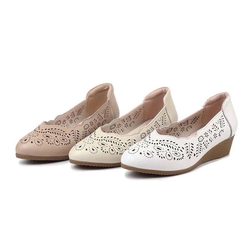 Fashion GKTINOO Genuine Leather Ladies Breathable Hollow Summer Shoes Women Flats Slip-On Sandals Round Toe Soft Wedges Shoes Casual