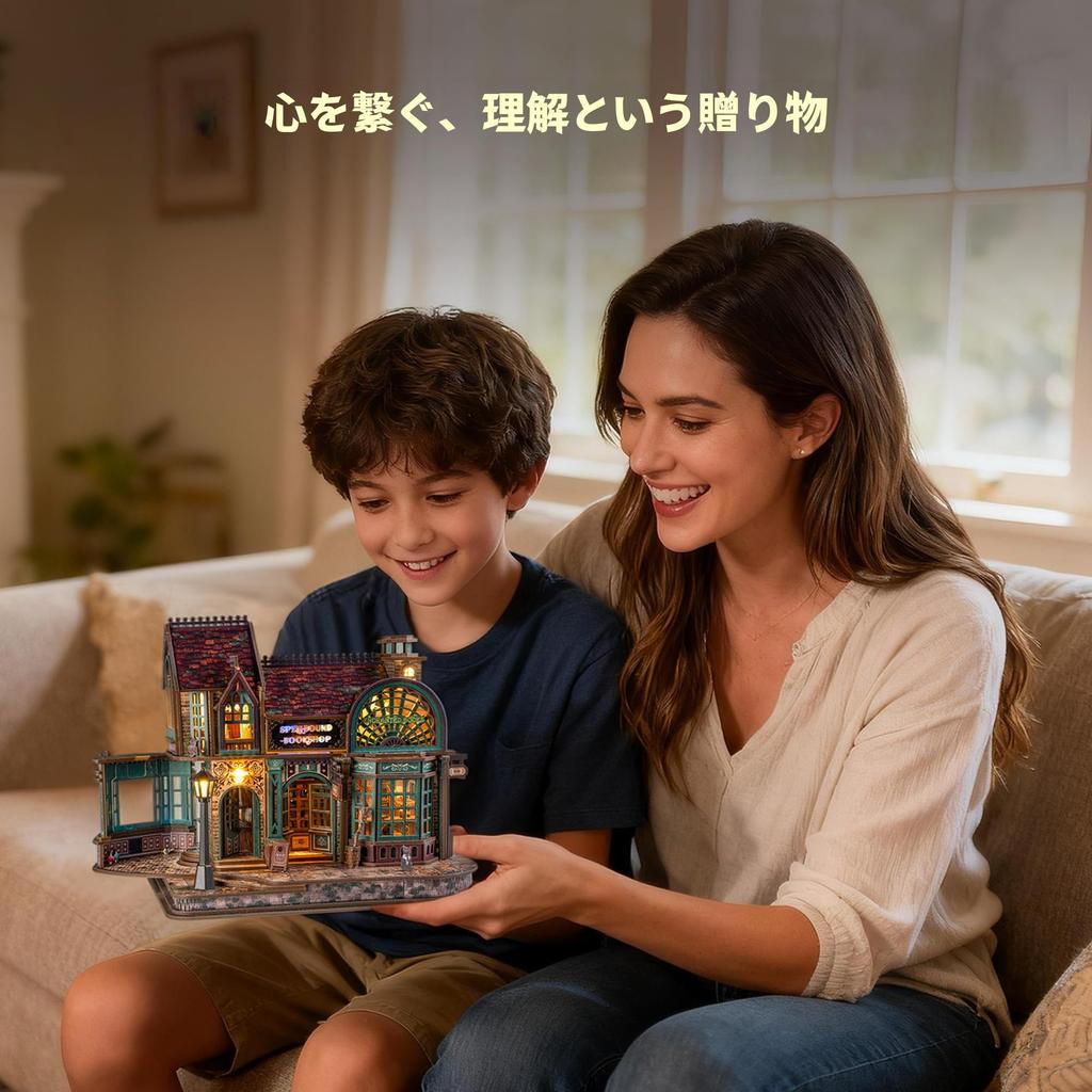 FUNPOLA Magical Bookstore V2 3D Wooden LED Assembly Difficult DIY Architectural Model for Interior English Instructions 447 Pieces Puzzle, Light-Up