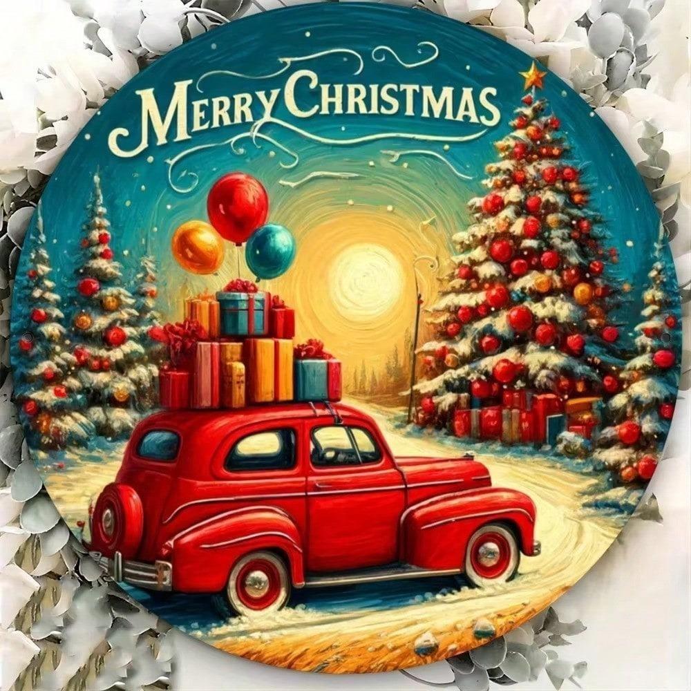 Vintage Christmas Metal Round Wall Sign Rustic Iron Holiday Decor Man Cave Garage Art Durable Weather Resistant