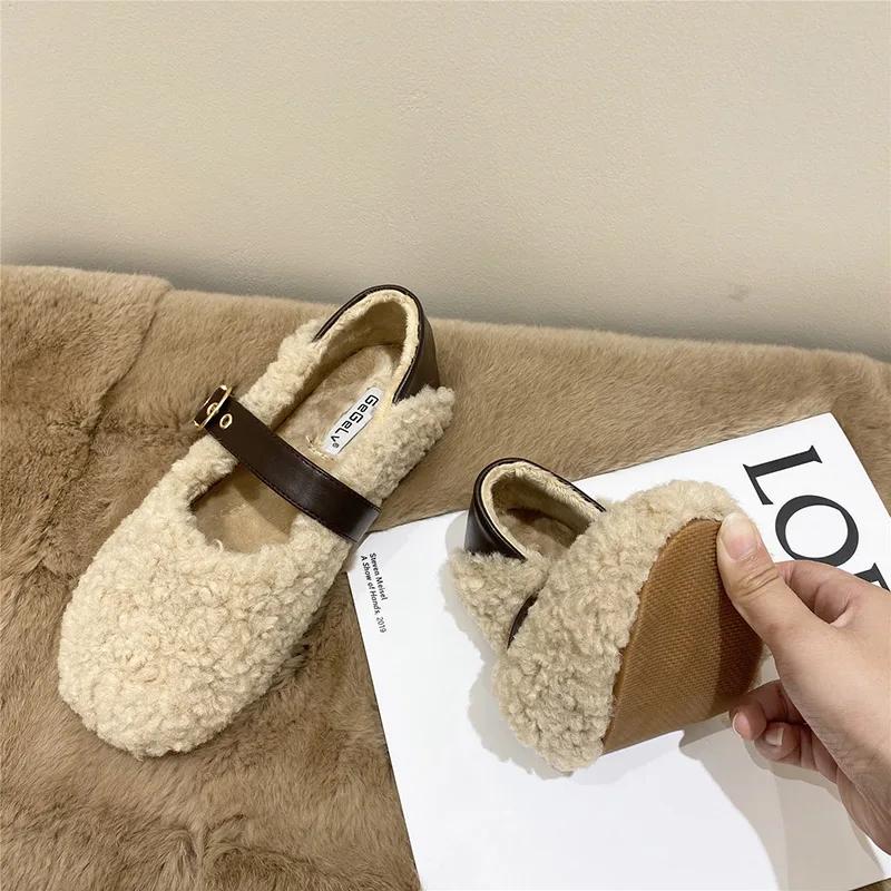 2024 Spring Lambhair Women Ballet Laofer Flat Shoes Shallow Slip On Ladies Fur Mary Jane Shoes Soft Outdoor Granny Shoes