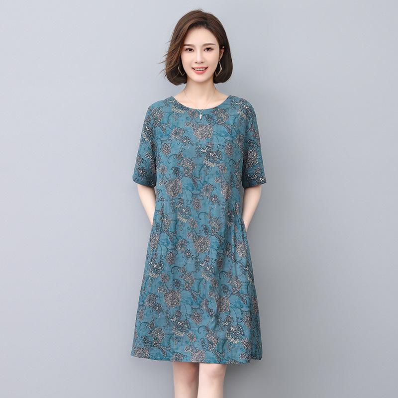 Floral Linen A-Line Dress for Women, 2024 Summer Collection – Elegant Slimming Style for Middle-Aged Mothers