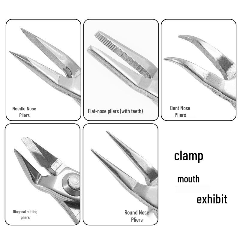 Stainless Steel Multifunctional Mini Pliers Set: Pointed, Round, Bent, and Diagonal Nose for DIY Jewelry and Wire Wrapping.