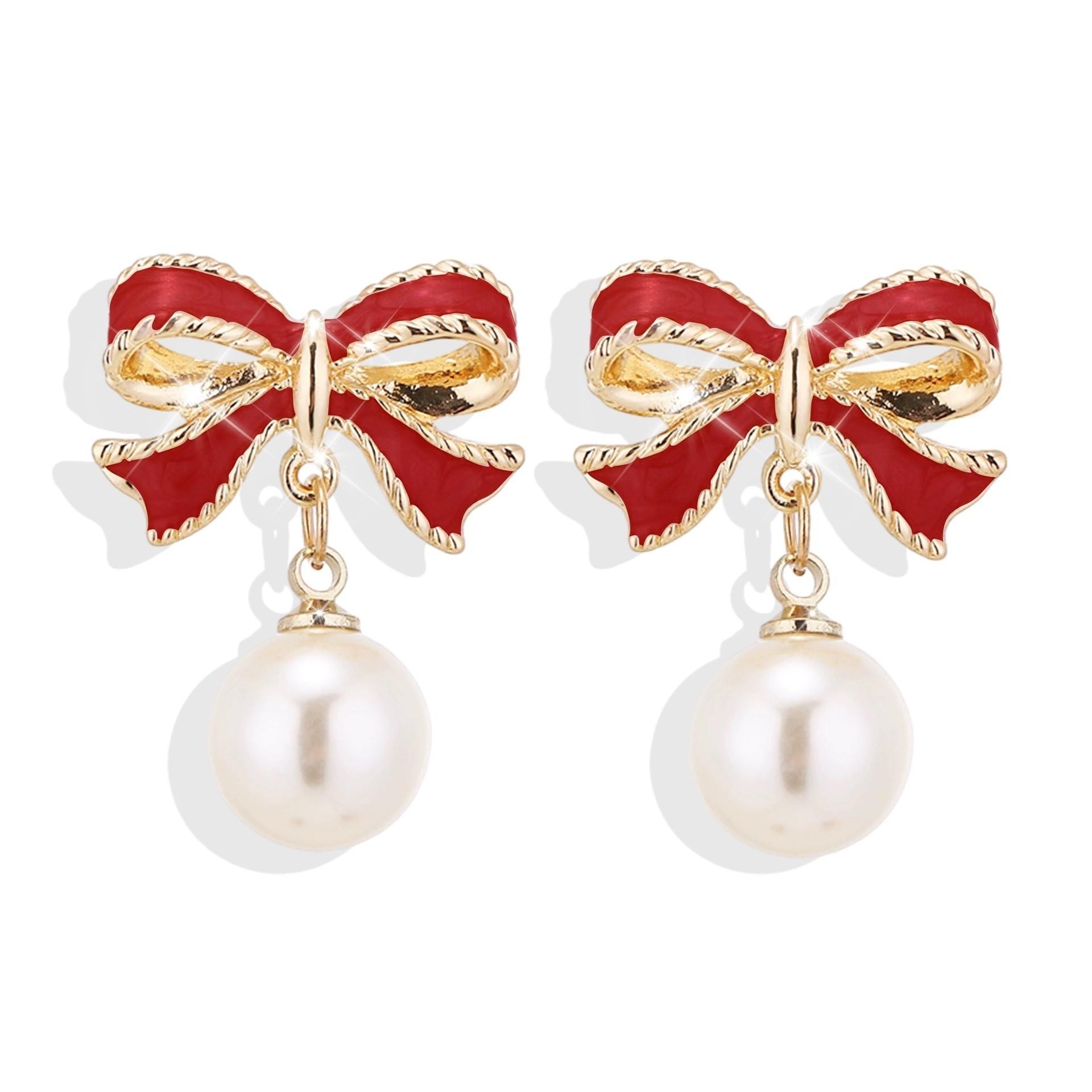 

Red Pink Bowknot Simulation Pearl Dangle Earrings for Women Creative Sweet Personality Brincos Wholesale Zircon Christmas Gift