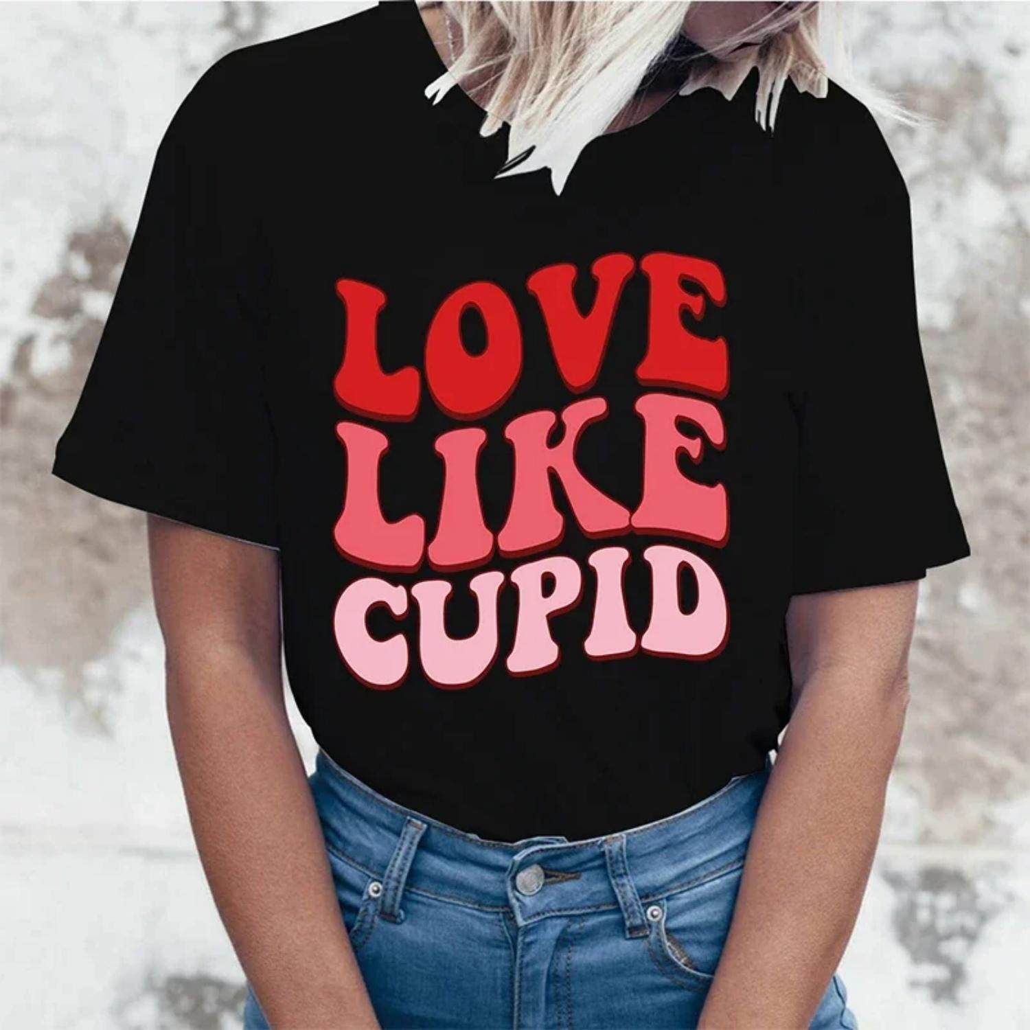 

(High quality T-shirts)Women S Fashion Printed Valentine S Day Love Like Cupid Print T-Shirts Summer Casual Loose Round Neck S чёрный