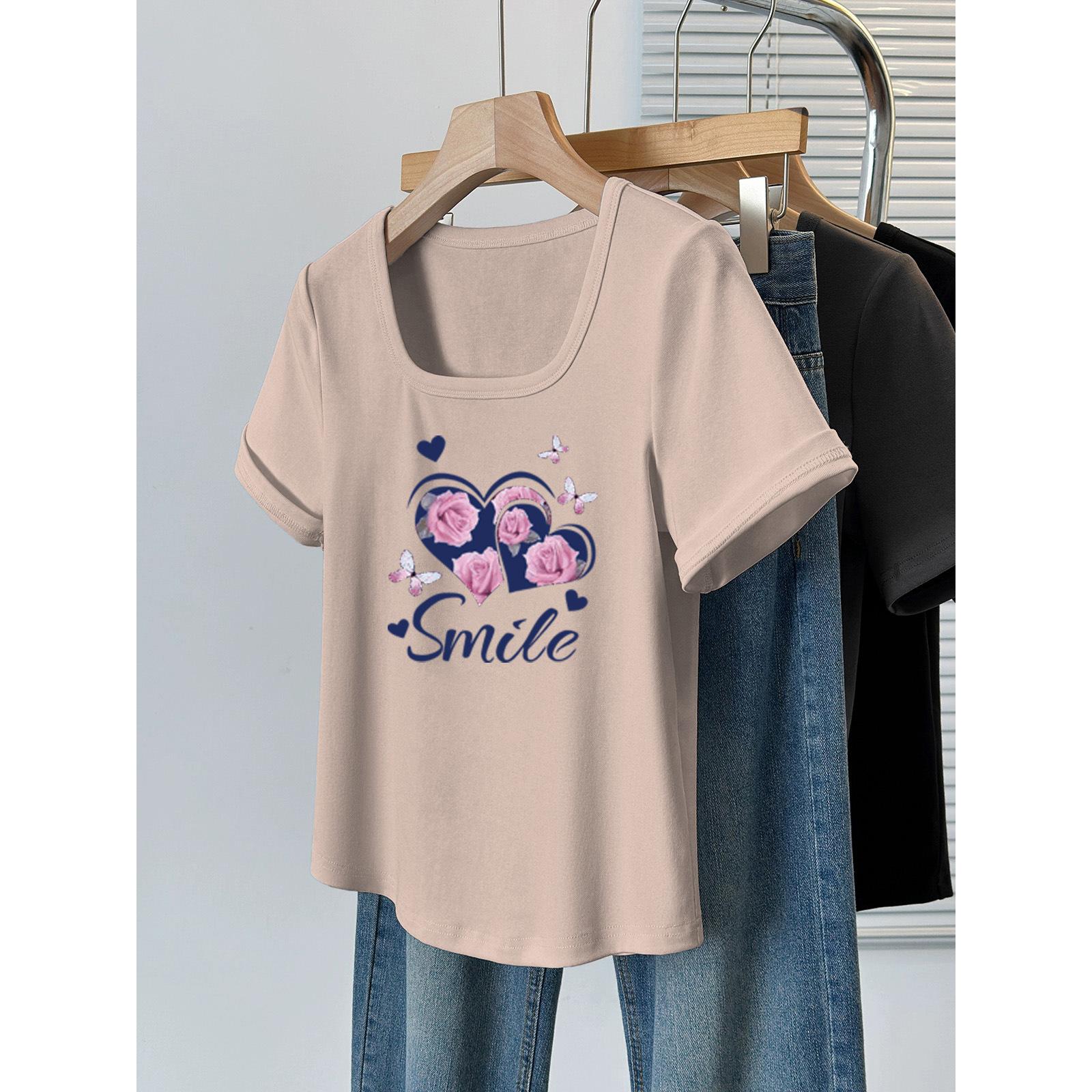 

Large size 2025 summer new loose belly covering square neck short sleeve T-shirt women s fat mm front shoulder thin foreign style top XL [160-100kg]